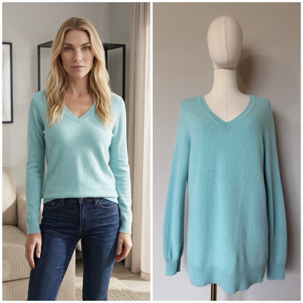 Tahari Turquoise Blue 2-Ply Cashmere V-Neck Long Sleeve Pullover Sweater Sz L